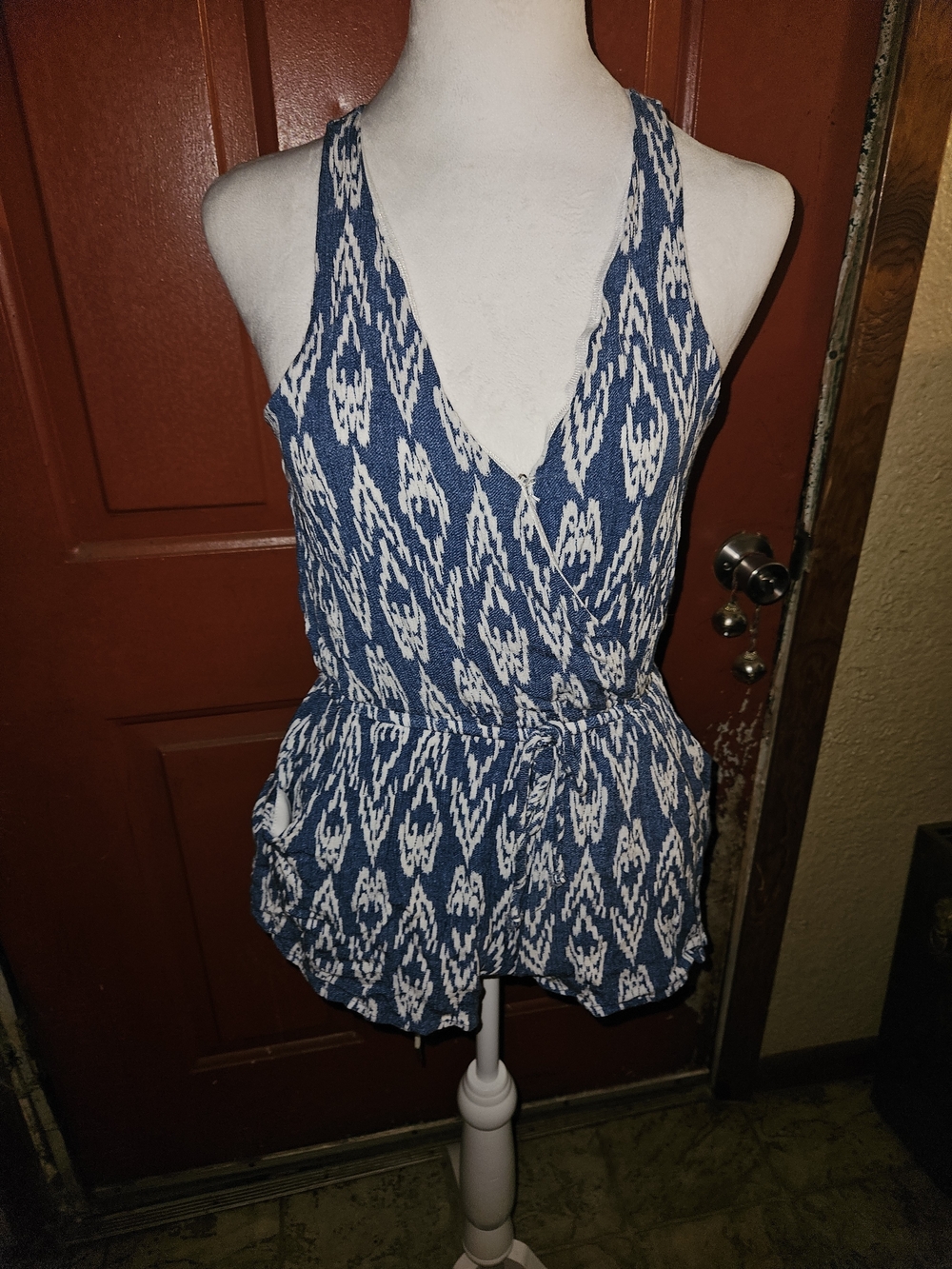 Blue Ikat Print Sleeveless Romper